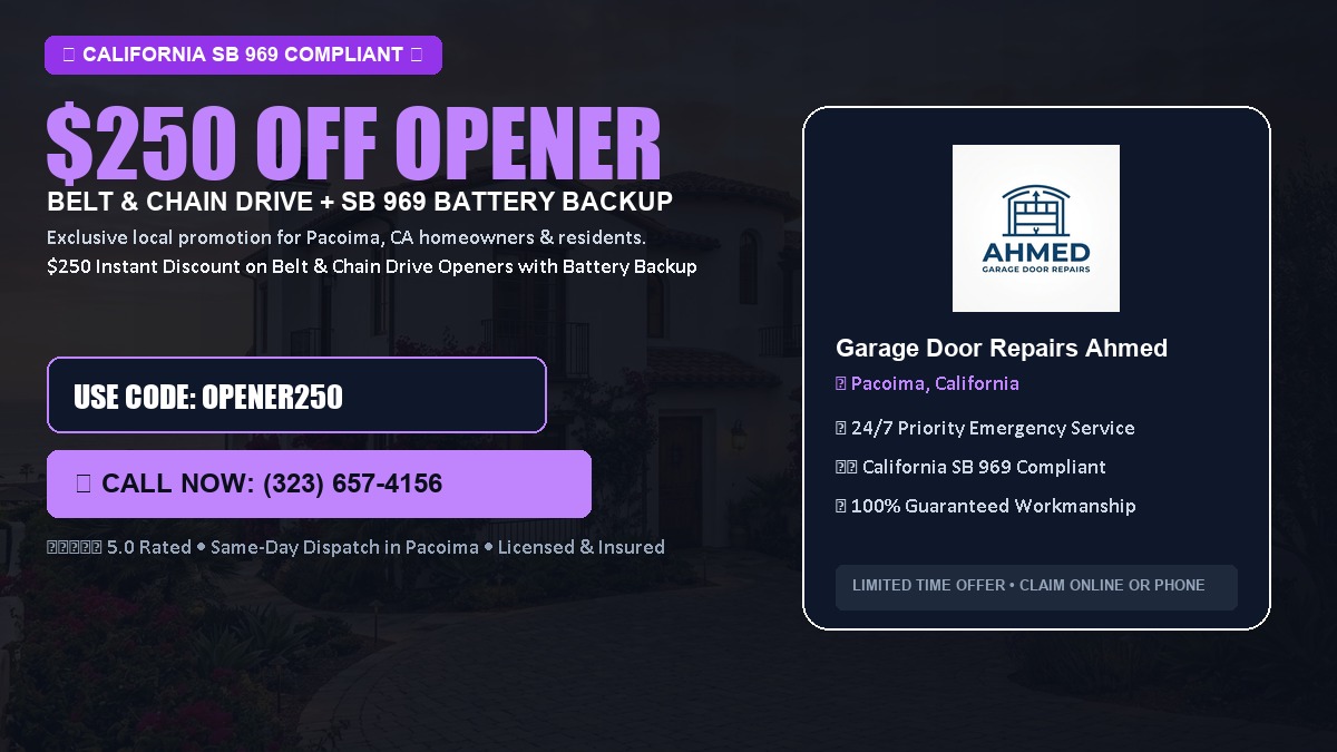 $250 OFF Smart Garage Door Opener Installation (Belt & Chain Drive with California SB 969 Battery Backup) in Pacoima, CA